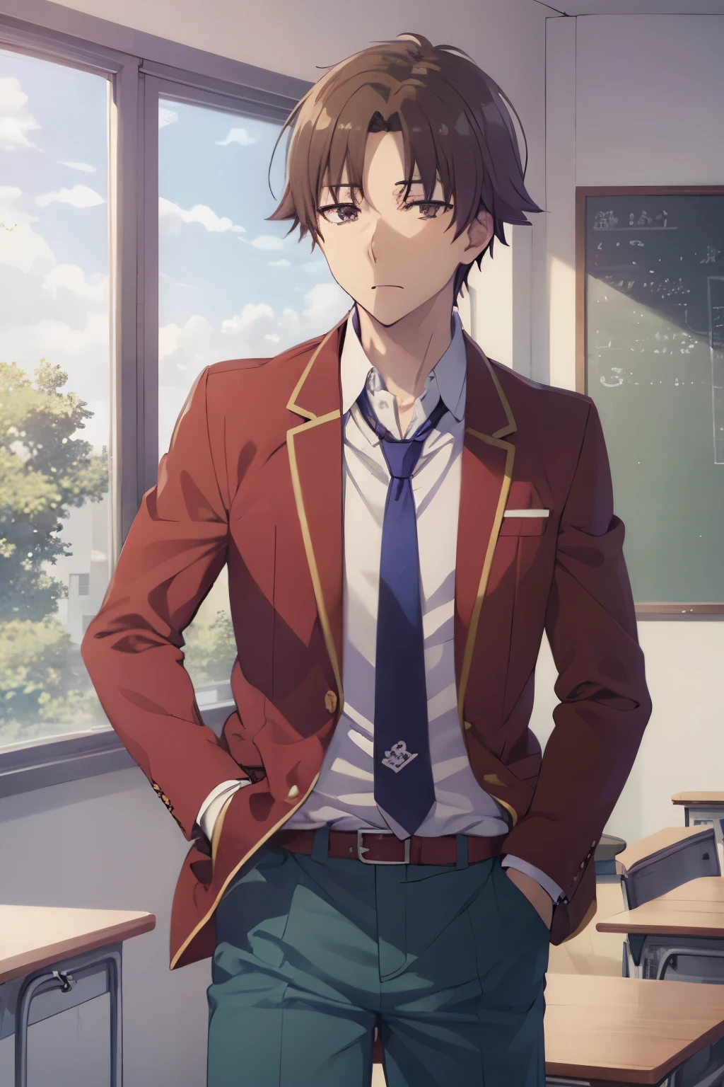 1boy, kiyotaka ayanokoji, brown eyes, white shirt, red blazer, blue necktie, green pants, hand in pocket, photography, hdr, classroom, chalkboard, 