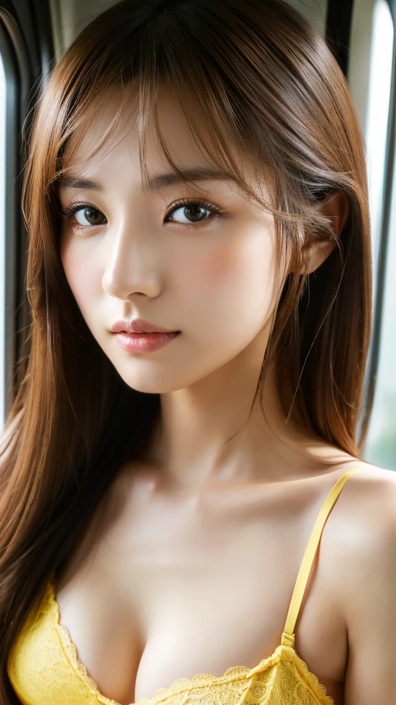 (((muste piece,It's photorealistic))), (((8K,best quality: 1.4))), ((super detail: 1.4)) , Beautiful woman,Japanese,25 years old,inside the train,Ultra-detailed facial features, straight face,Sexy sleeping face, detailed texture, Natural Skin Shader, Full body,ultra high resolution,綺麗なJapanese女性,(yellow bra,best quality),realistic eyes,realistic skin,golden ratio,long hair,1girl