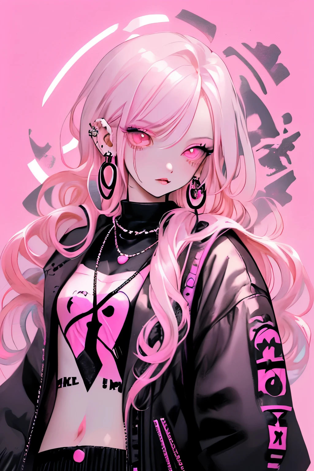 Niji Style, 1girl, solo, long hair, looking at viewer, eye glowing background, jewelry, closed mouth, jacket, upper body, pink hair, earrings, pink eyes, necklace, from side, sweater, lips, eyelashes, makeup, wavy hair, piercing, cross, lipstick, ear piercing, eyeshadow, hoop earrings, pink lips, multicolored eyes, pink theme, , pink eyeshadow,