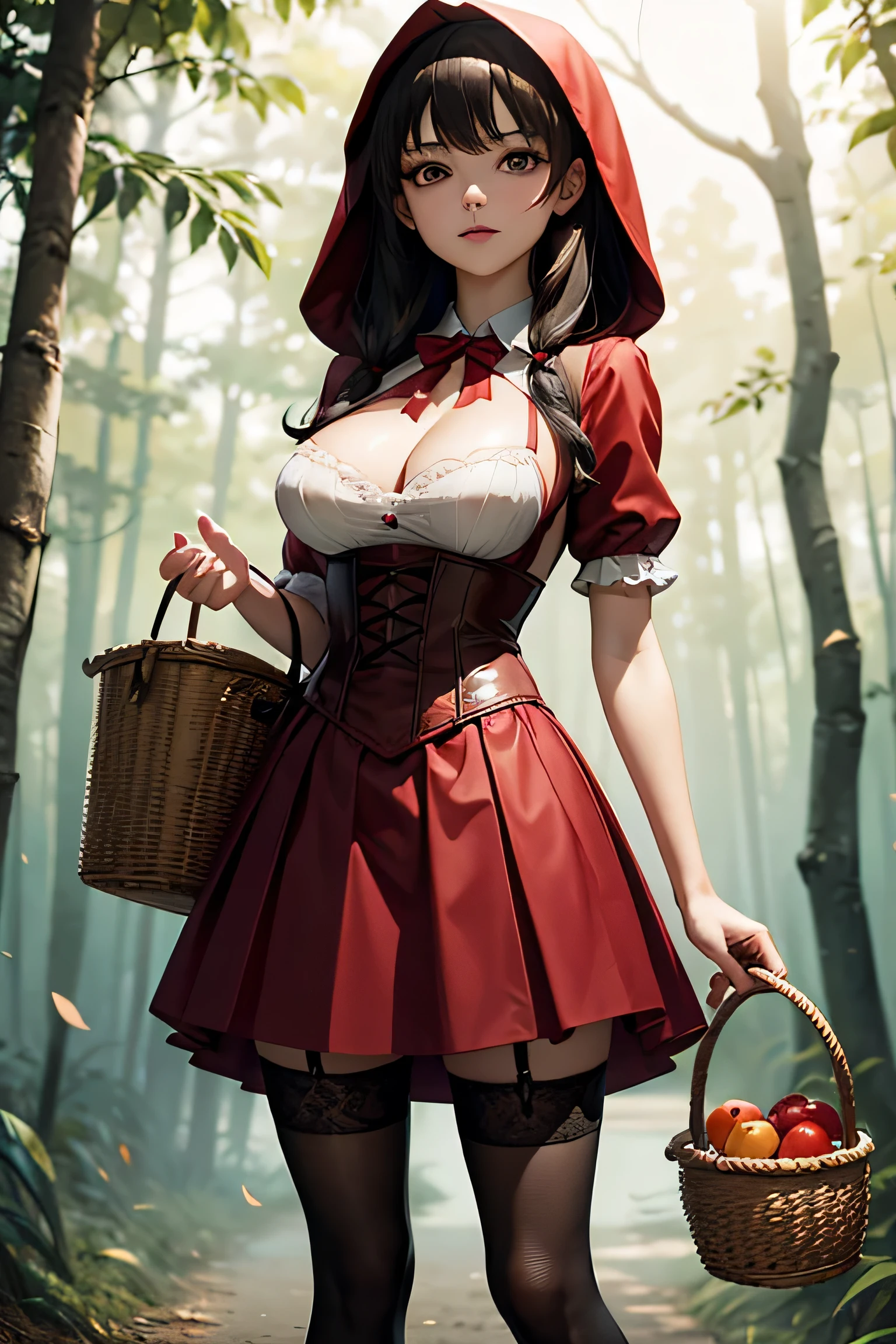 masterpiece, best quality, expressive eyes, perfect face, large breast, big breast, small waist, perfect figure, highly detailed, showing cleavage, brown eyes, bangs, full body portrait, dressed as little red riding hood, red hood, black corset dress, pleated red short skirt, black stockings, large nipples, wearing garters, fishnet stockings, white panty, white thong, standing in the woods, moonlight, holding a basket, middle of the a dirt road