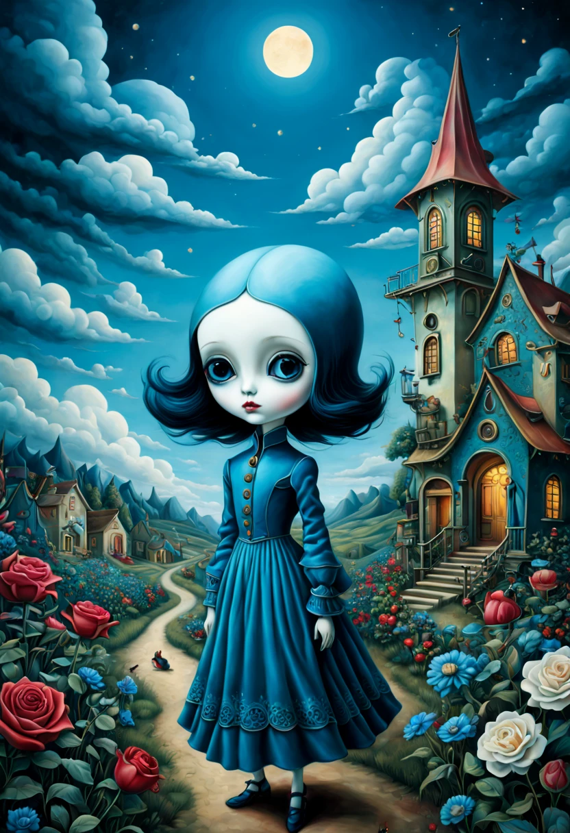 benjamin lacombe, Anne Sultan, Andy Keeho, Kincaid and Kandinsky, Ghost town full of ghosts, beautiful eyes, Magical land, night, rose and wildflower garden, high detail, Complicated, beautiful sky, Volumetric light, 8k, Mute Color, Vibrant triadic colors, bright and crisp, aldorf guard blue, barbados blue, Sensitivity, Rhapsody in blue and bleached silk, Popular topics on Artstation, sharp focus, Studio photos, intricate details, Very detailed, author：Mark Leyden, Popular topics on Artstation, sharp focus, Studio photos, intricate details, Very detailed, author：Mark Leyden