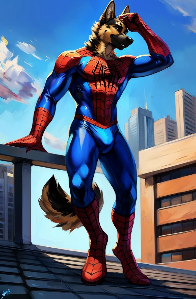 4k resolution a black and tan german shepherd wearing red and blue bodysuit spiderman spandex costume, detailed bulge, by juiceps by krazykurt, at a rooftop