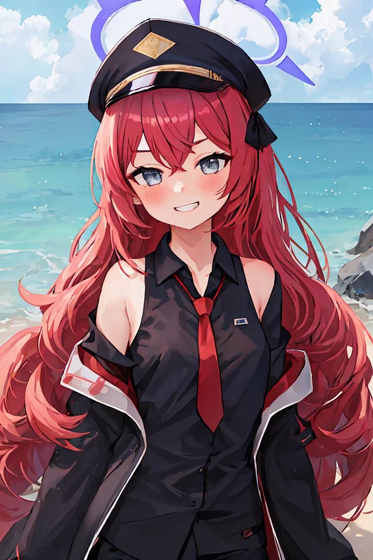 best quality, masterpiece, high resolution, alone, {iroha_bluearchive:1.15}, long_hair, Red_hair, halo, Bangs, blush, hexist, hair_between_Eye, reach the peak_cap, Black_headgear, grey_Eye, _hexist, tie, Red_tie, Smile, Very_long_hair, 1 girl, Black_shirt, shirt, collaRed_shirt, Grinning, watching_exist_audience, superior_Body, clavicle, exist室内