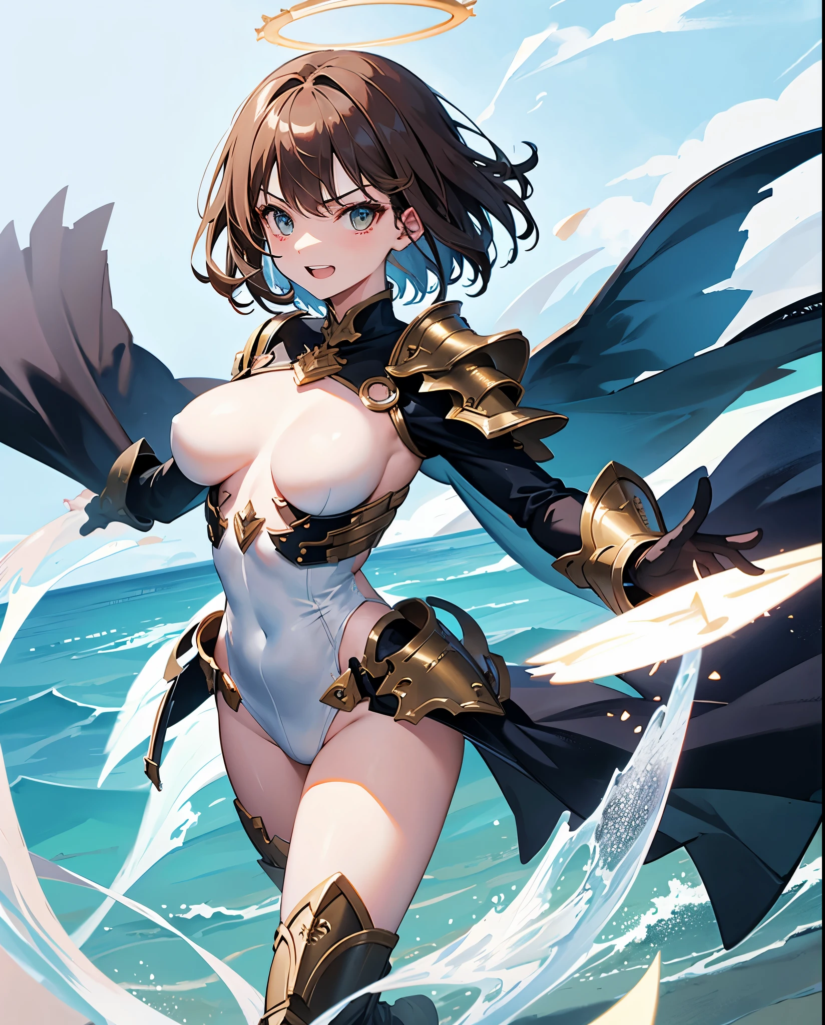 fantasy, 1angel_girl,, ,brown_hair, medium_bob_hair, long_bangs, halo,bare_shoulder,thighhighs,silver_armor, waist_armor, large_breasts,angry,grinning,open_mouth_teeth, 1pair_wings, dynamic_pose_fighting,floating, bare_crotch, headgear,gauntlet, greaves,ocean_sky_background,slightly_spread_legs, solo, groin_naked,