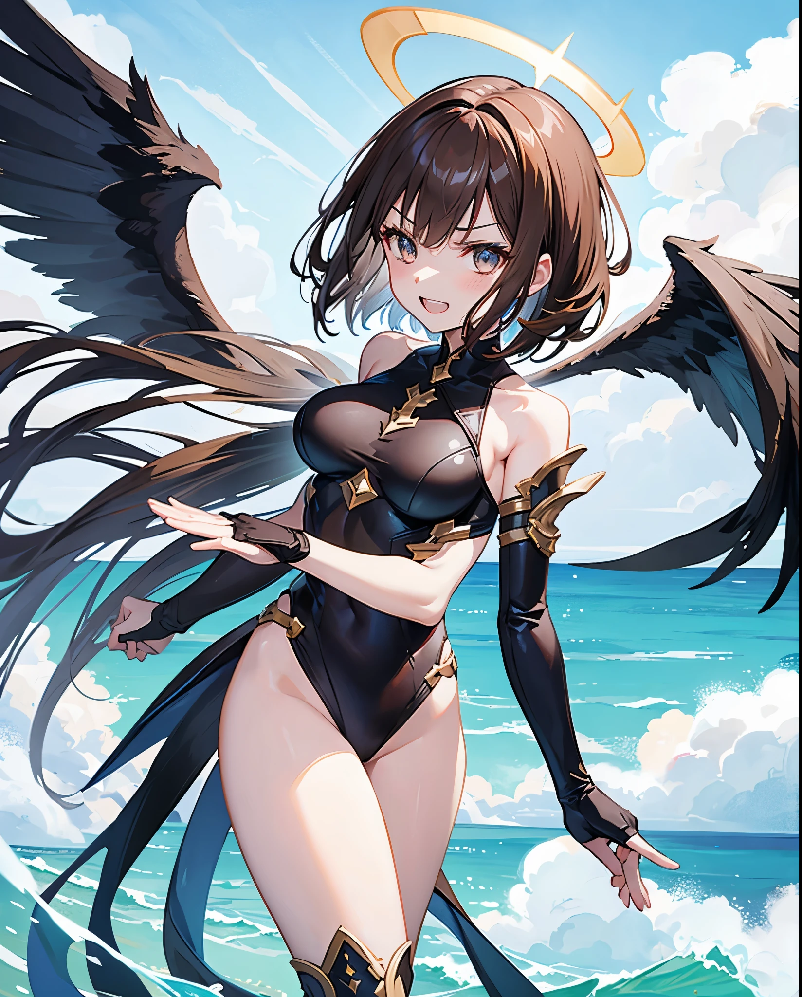 fantasy, 1angel_girl,, ,brown_hair, medium_bob_hair, long_bangs, halo,bare_shoulder,thighhighs,silver_armor, waist_armor, large_breasts,angry,grinning,open_mouth_teeth, 1pair_wings, dynamic_pose_fighting,floating, bare_crotch, headgear,gauntlet, greaves,ocean_sky_background,slightly_spread_legs, solo, groin_naked,