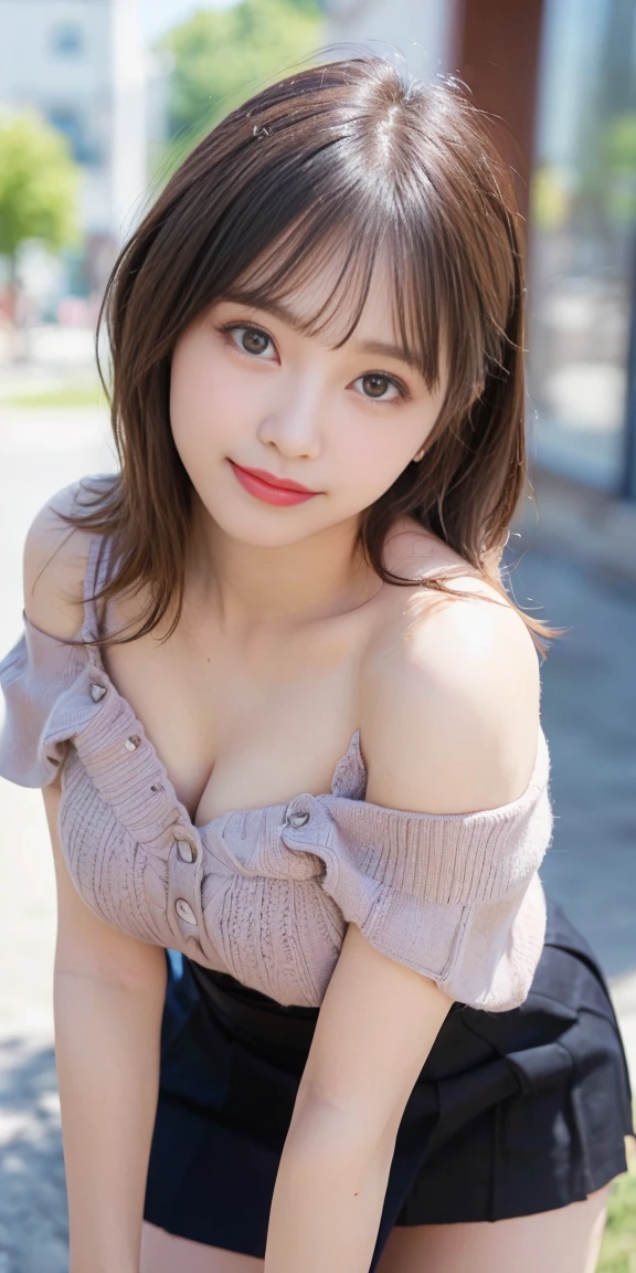 table top, highest quality, 
super detailed, finely, High resolution, In 8K,
((Photoreal:1.4, Raw photo, Super high resolution,best image quality: 1.4)),
wallpaper, 
((Perfect whole body composition 1.5)), 
beautiful and fine eyes, natural color lip,
((gentle smile:1.5)),
((random cute hairstyles)), 
((off shoulder knit:1.5)),
((Random breast size from large to medium、cleavage:1.2)),
((Leaning forward in open-chested clothes:1.5)),
((Please wear a random cute skirt:1.5)),
((brain out、under the eyes、mole on arm:0.9)),
((peek from below)),
((random blurred background)),
((Random and cute expressions)),, 
((((1 female:1.5))))
Highly detailed and professional lighting、
((Random and cute expressions:1.5))、
((I can see my thighs:1.5))