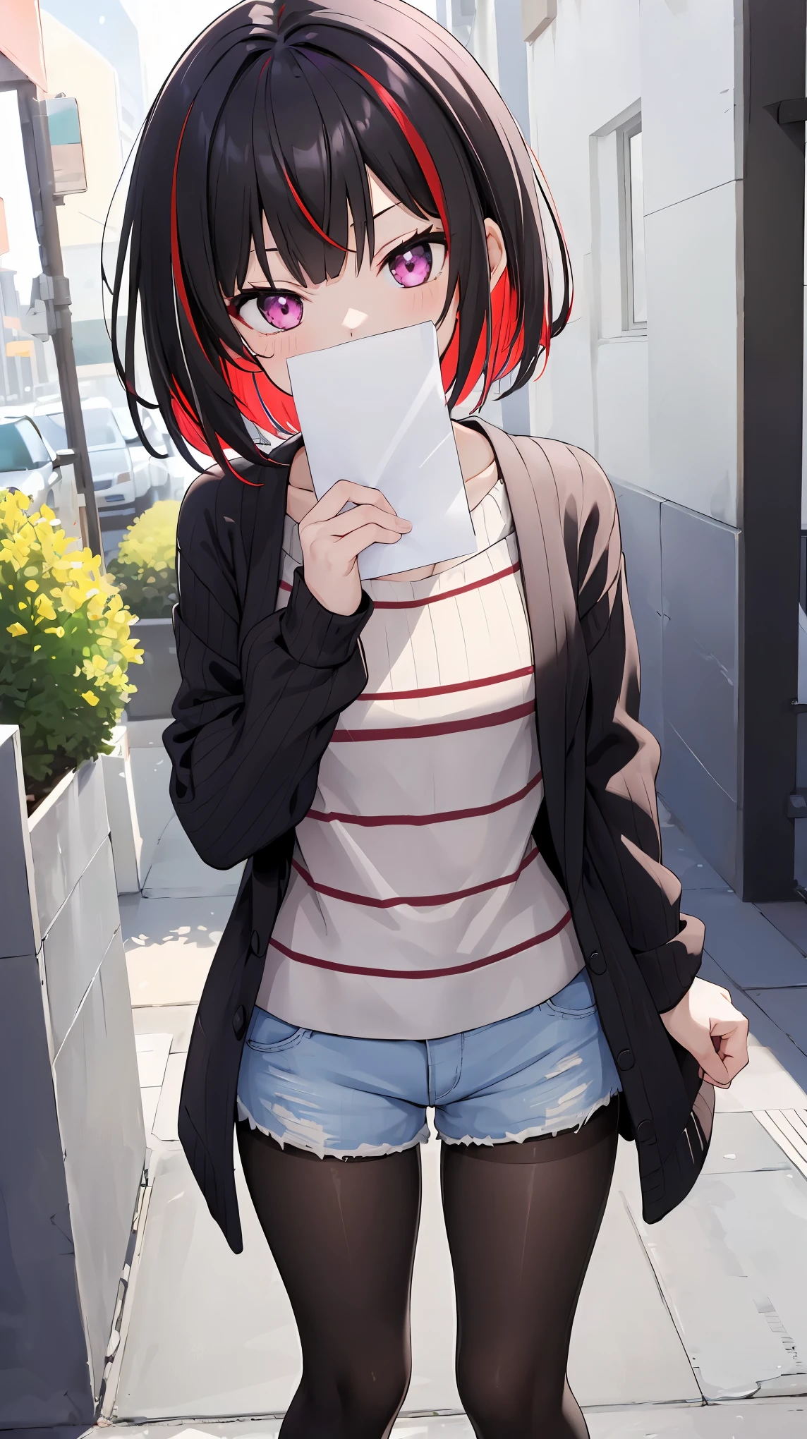 looking_at_viewer, multicolored_hair, open clothes,mitake_ran, black_hair, pantyhose, purple_eyes, red_hair, ribbed_sweater, shirt, short_hair, short_shorts, shorts, standing, streaked_hair, striped, striped_shirt, sweater, (((holding a blank paper viewing it to the viewer))))