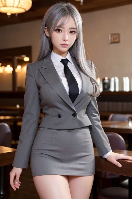 sakuyarindou768 (Wearing business outfit,formal jacket,neck tie, tie,white shirt, skirt, 、最高品質、傑作、超高解像度、 (フォトリアリスティック:1.4), 生写真, 1girl,、heels,High waist Skirt)( big perfect round breasts,hourglass body, thin waist,btpt-fc,Photo realistic, (hyperrealistic:1)beautiful, masterpiece, best quality, extremely detailed face, perfect lighting,detailed eye makeup, detail face, nice detailed eyes,nice hands, perfect hands (realistic pupils,realistic iris:1) heavy eye makeup,gray hair,long hair,bue eyes, (working at a restaurant, background restaurant)