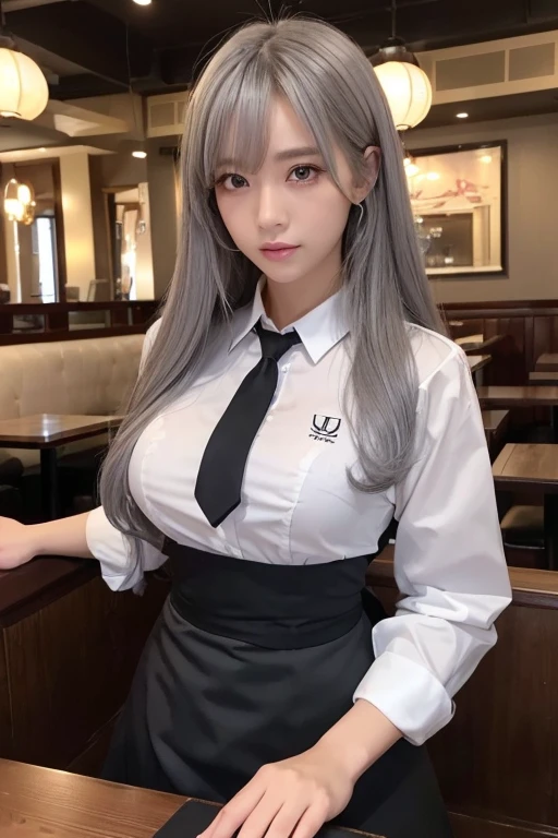 sakuyarindou768 (Wearing business outfit,formal jacket,neck tie, tie,white shirt, skirt, 、最高品質、傑作、超高解像度、 (フォトリアリスティック:1.4), 生写真, 1girl,、heels,High waist Skirt)( big perfect round breasts,hourglass body, thin waist,btpt-fc,Photo realistic, (hyperrealistic:1)beautiful, masterpiece, best quality, extremely detailed face, perfect lighting,detailed eye makeup, detail face, nice detailed eyes,nice hands, perfect hands (realistic pupils,realistic iris:1) heavy eye makeup,gray hair,long hair,bue eyes, (working at a restaurant, background restaurant)
