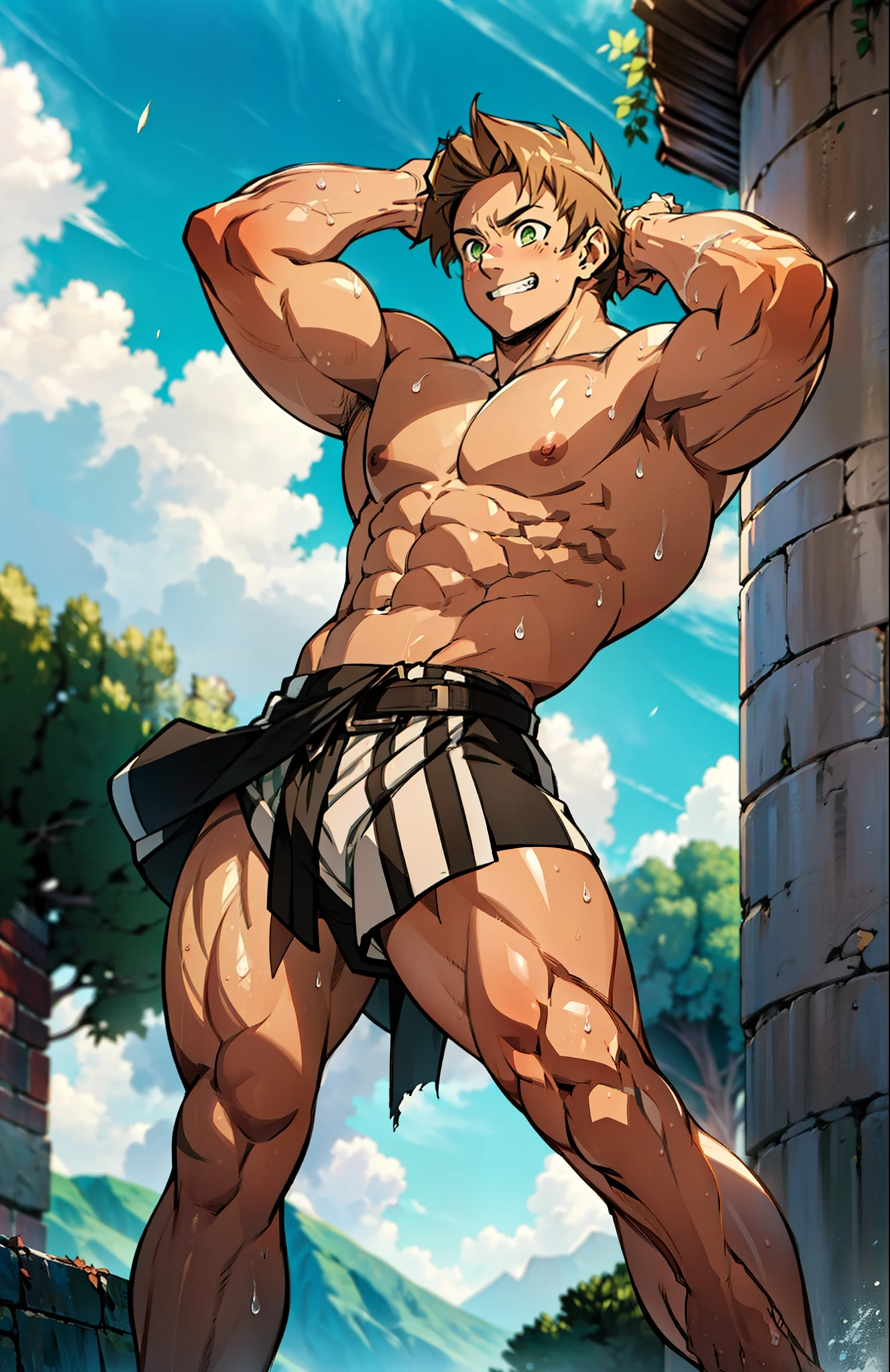 Showing off his muscular muscular back, red skin, bright red skin, the boy blushed shyly , rosy skin, shiny skin(muscular thigh muscles )( anime style, art) (photo angle from bottom up) (photo angle from the ground upwards) [Anime photo][highest quality photo][4k,HD photo quality ] wear tight and short loincloths , bulging loincloths, torn loincloths, wet loincloths, ancient, dirty loincloths (muscular thigh muscles, firm thigh muscles, muscular thigh muscles, sinewy thigh muscles, giant thigh muscles, strong leg muscles, muscular hamstring leg muscles)(thigh muscles bulging as if about to explode, muscular, calloused, sinewy, giant) , Rudeus Greyrat,fun, happy, huge body, muscular and muscular, bodybuilder, bodybuilding, standing, lots of sweat flowing down, topless, shirtless, hot sunny, 8 pack abs , short hair , green eyes, Side View , Raise your arms high to reveal your armpits, Hands behind the head.
