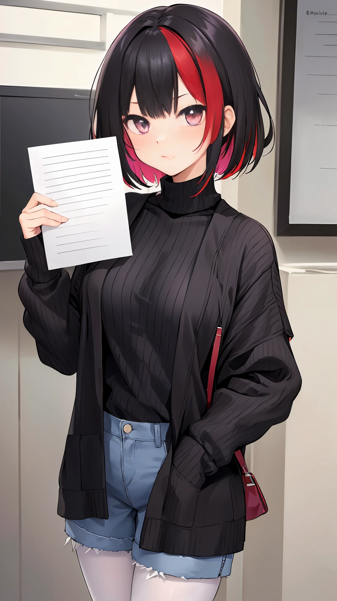 looking_at_viewer, multicolored_hair, open clothes,mitake_ran, black_hair, pantyhose, purple_eyes, red_hair, ribbed_sweater, shirt, short_hair, short_shorts, shorts, standing, streaked_hair, striped, striped_shirt, sweater, (((holding a blank paper viewing it to the viewer))))