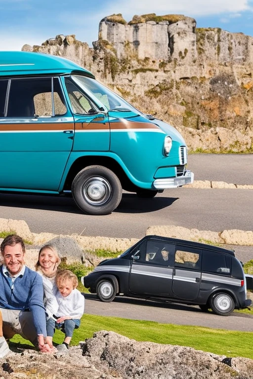 CD art,horizontal scrolling,caricature,1car,1man,1woman,1boy,cross-sectional view of car,campervan,a family in the campervan,simple person,frugal city pop