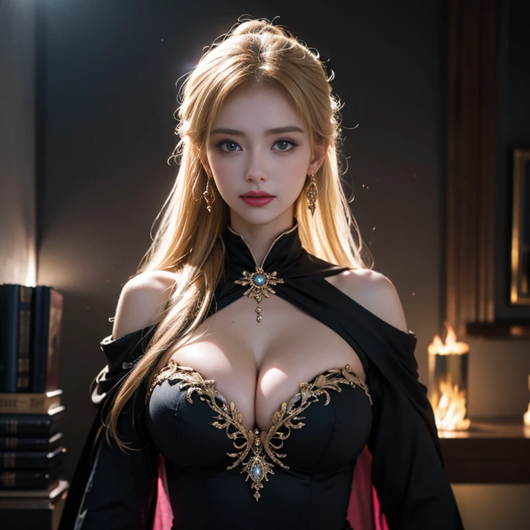 masterpiece，Highest image quality，Super details，best quality ,extremely delicate and beautiful, Very detailed,best quality, official art, Extremely detailed CG unified 8k wallpaper, Ana de Armas portrait photo, Blonde hair with black pupils，shiny skin,  (beautiful eyes:1.1), beautiful skin, big watery eyes，(detailed lighting:1.2), (Beautiful and detailed light:1.3),The noble goddess wearing flaming red and black holy clothes，Intricate Flame Shroud Details，Gorgeous and complex hollow ultra-thin flame dress，Beautiful udder, The most perfect breast shape，firm breast，Deep cleavage，Naked of breast，complex, digital drawing, Smooth, sharp focus, end of the world, epic reality, (high dynamic range:1.4), (pastel colors:1.4), Revelation，Bright colors, screen space refraction, (intricate details, Super detailed:1.3), art station, lens, complex background, buliding，Beautiful smile，The most beautiful look，Dreamcatcher earrings，The best look，The noble, beautiful and dignified goddess of fire，Flower laurel，