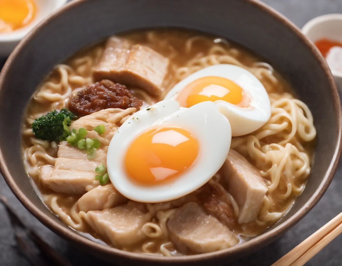 Super detailed 8K CG, Japan ramen, Chopsticks, eggs, vapor