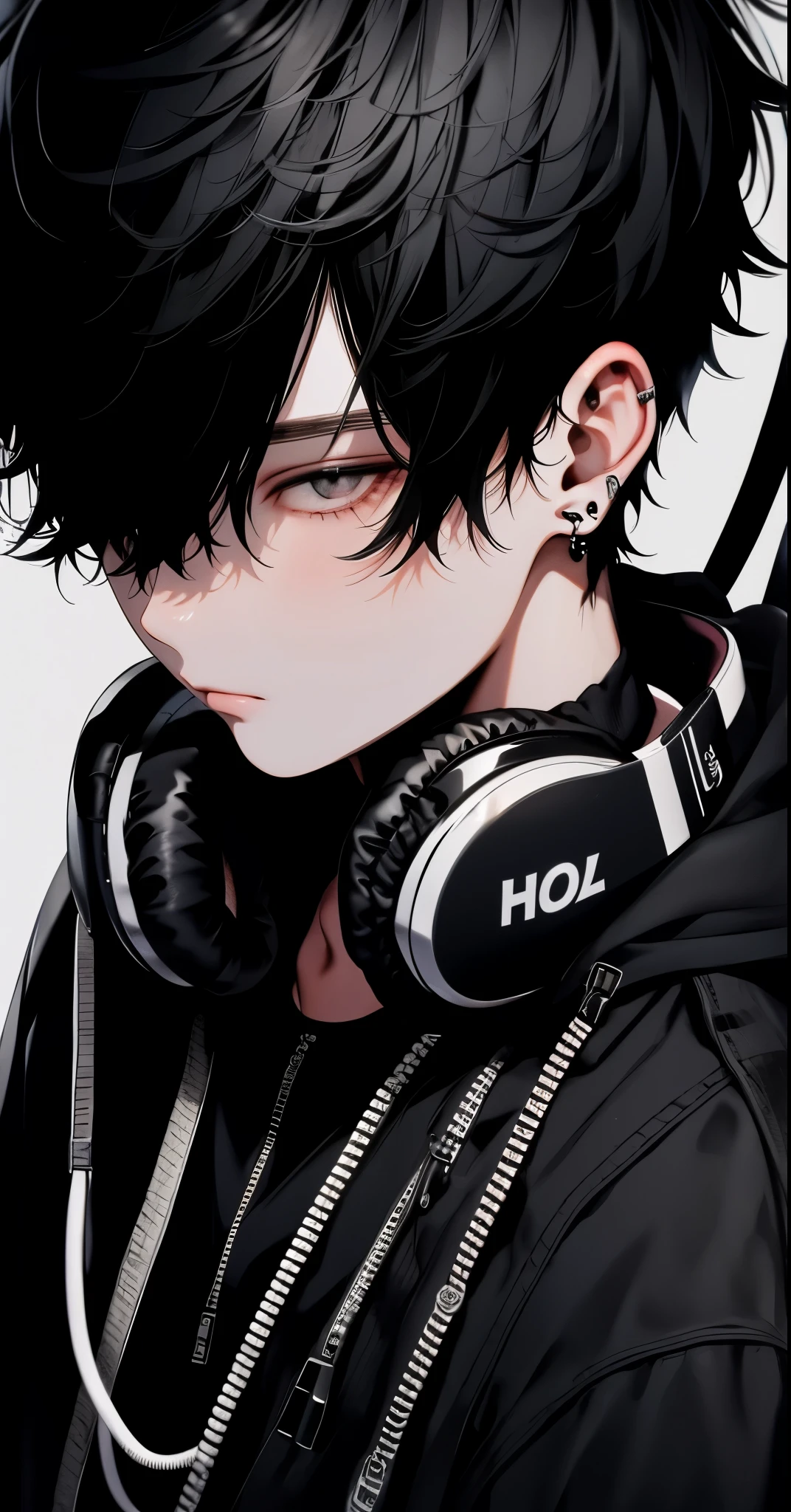 black short hair，black eye，1 cool boy，headphone，Smartphone