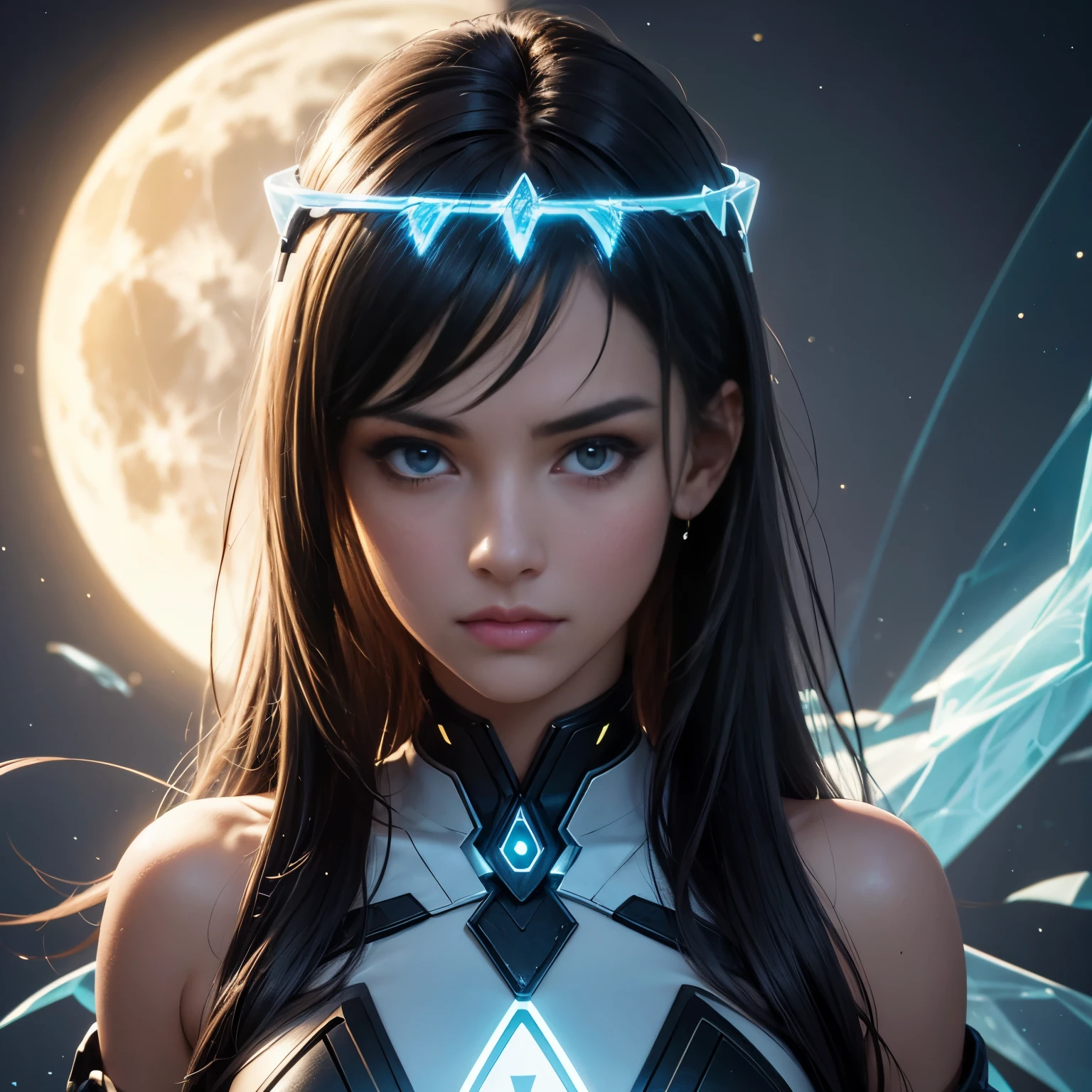 a realistic photography of guardian, , beautiful woman with the moon symbol in the background in a (((transparent:: translucent:: fluorescent:: luminescent))) crescent moon symbolic, guardian ornament as her headband, front view body focus, cold color palette, muted colors, detailed, 8k, cinematic, dramatic colors, close-up, smooth skin, cold color palette, muted colors, detailed, cinematic, dramatic colors, close-up, smooth skin, full hd, ultra detailed, high quality, hd, highly detailed, high resolution, hyperrealistic, high-definition, 8k, super realism, 4k, ray tracing, unreal engine 5, photorealistic, high contrast, 8k HD, detailed, hyper-detailed, realistic texture, best quality, ultra high res, raw photo