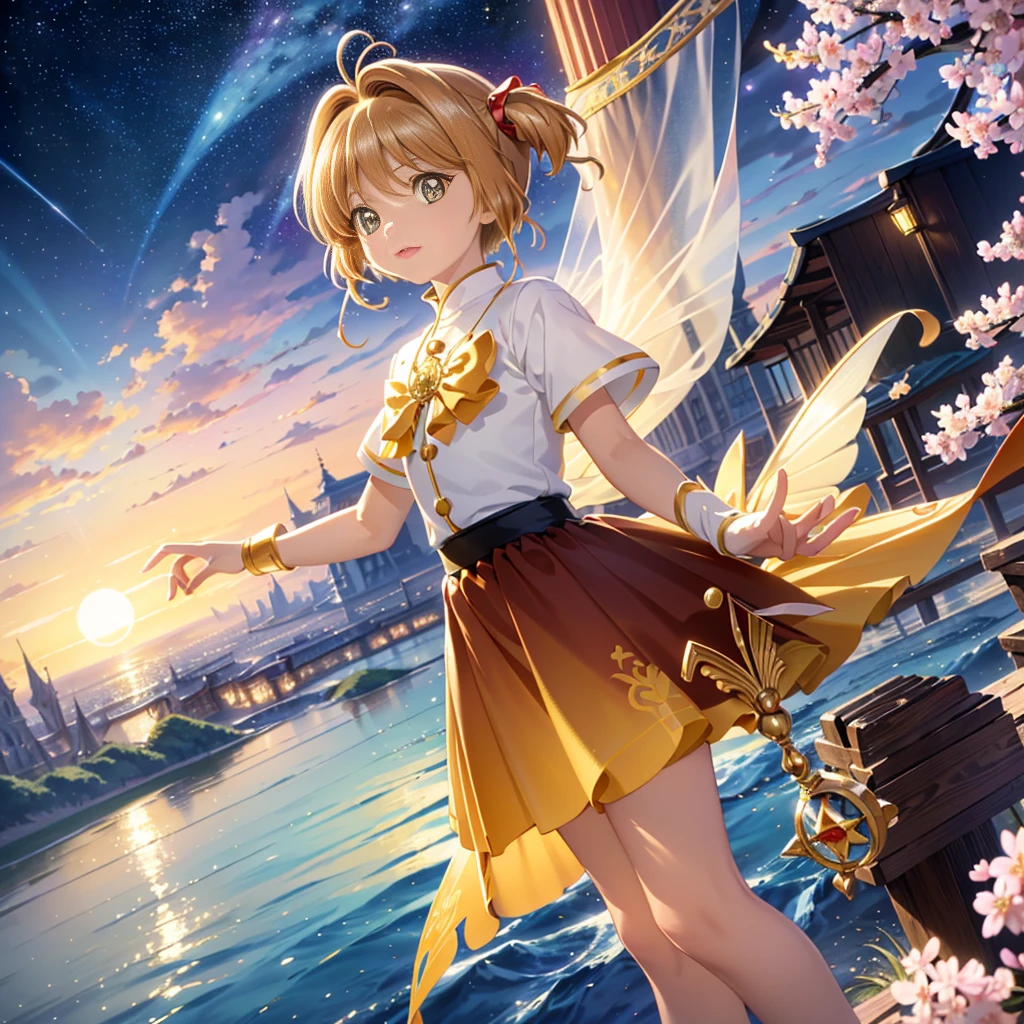 realistic, (masterpiece, excellent quality, highest quality, official art, beautiful and aesthetic: 1.2),(flight:1.4) very detailed, fractal art, colorful, more detailed, (abstract background: 1.5) (1 girl: 1.3), light brown hair, bright eyes, Hilarious, Hairstyle back, short hair, , milky way, Giant magic golden Sagittarius astrolabe, dream, fantasy, Golden trim, beautiful and detailed sky, Style and decoration, Female-only room, (Sakura Cardcaptor)