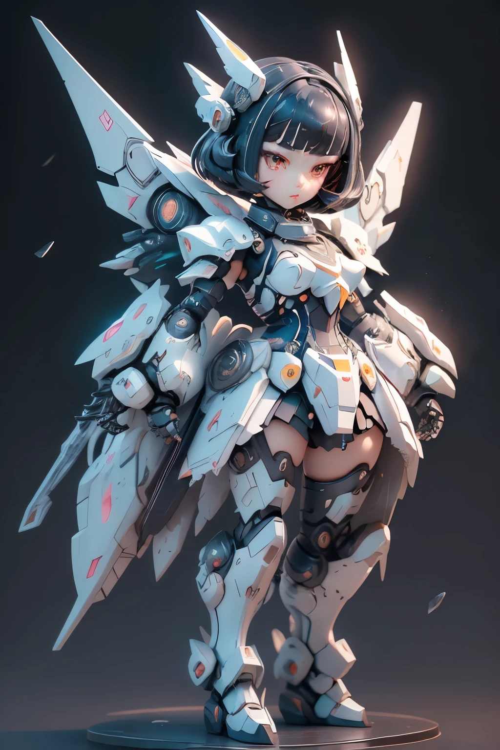 plastic an 00d, 1 girl, Little, Dopamine Color Matching, Double Diamond, white theme, Luxurious fabrics, dither, far-reaching, She is fused with futuristic Gundam mecha, Gundam style, with headgear, with v-fin ,, armored shoulders,armored under arms, armored under legs, mechanical wings, holding weapon, holding huge weapon, holding Very large shield, (battle pose:1.2),(bob cut:1.3), black hair, thick eyebrows, light colored iris, big, shining black eyes, long eyelashes, small, pale natural lips, (Average face of Japanese idols), wide forehead:1.2, plump cheeks, small chin, visible side boob, pretty background３d、4ｄ,