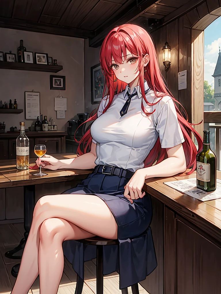 (((masterpiece、Highest image quality、highest quality、highly detailed unity 8kwallpaper)))、(((Illustration of one girl、beautiful girl)))、(adventurer)、(((neutral)))、((red hair、long hair、golden eyes))、((tall))、(((muscular and strong body、muscle girl、muscle、stocky build、thickset physique、muscular legs、muscular arms、broad shoulders、solid chest)))、(((manspreading、sitting in a chair)))、(((Clothing in the style of the Middle Ages、adventurer風の服、adventurer風の装備)))、(Medieval tavern、Liquor bottle on the table)