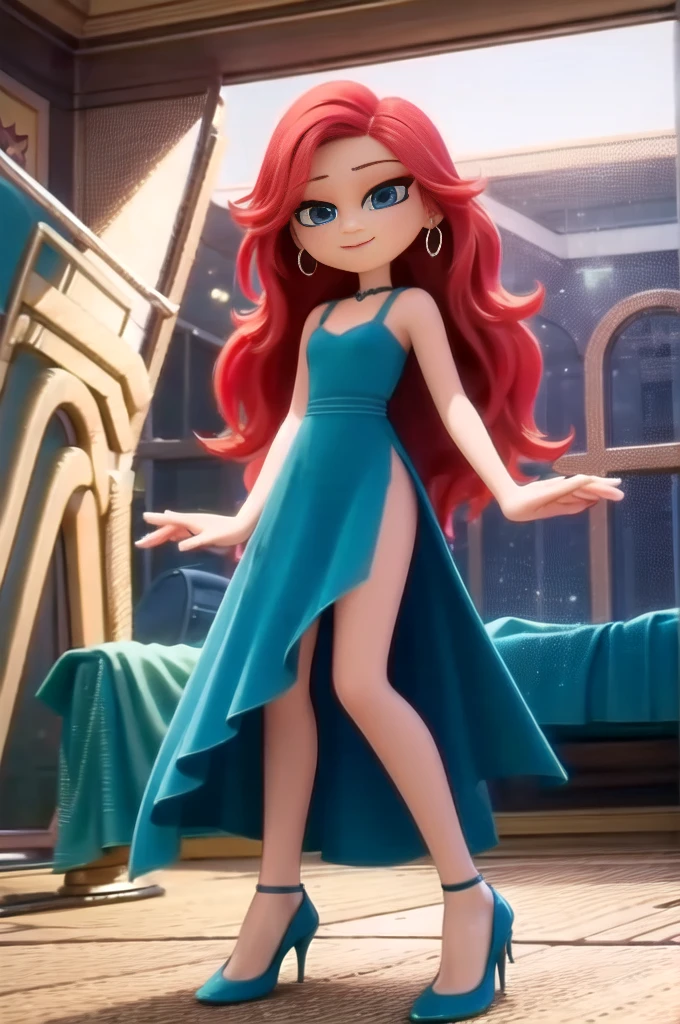 1 girl, Teenage, Red hair, Long Red hair, Medium Hair, Blue eyes, Sexy woman, Red dress, short red dress, bare legs, red high heels, bare shoulders, bare arms, Smile, room, indoor, window, daylight at the city, Sexy, masterpiece, High quality. 