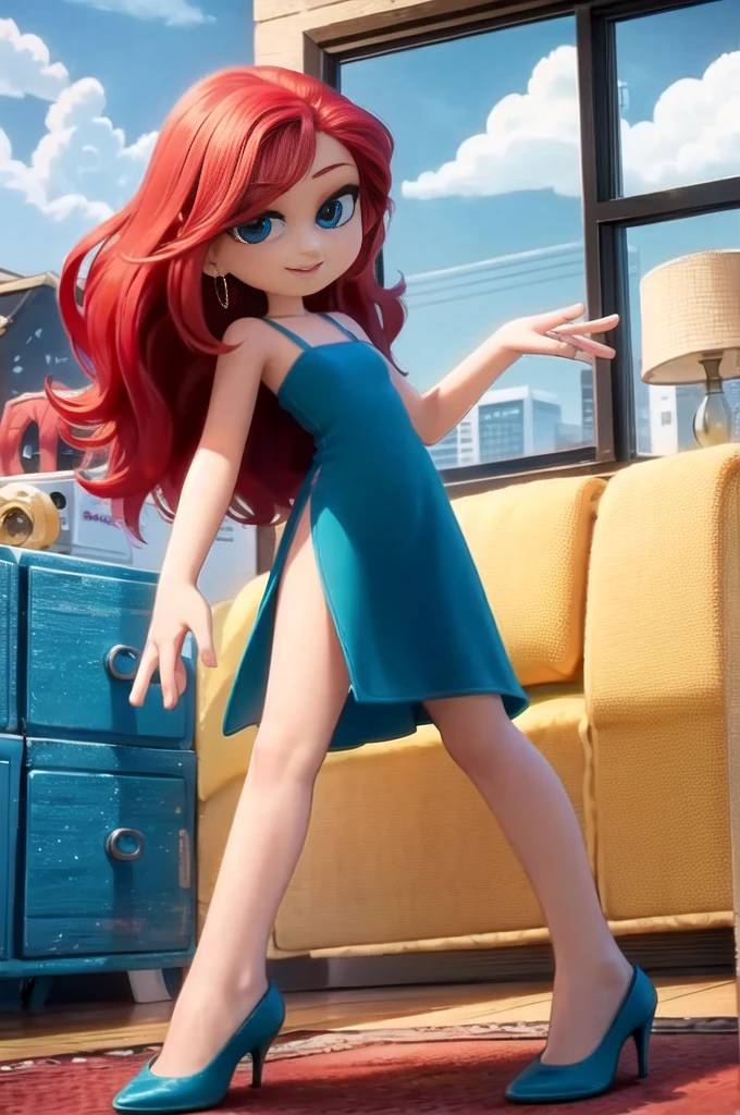 1 girl, Teenage, Red hair, Long Red hair, Medium Hair, Blue eyes, Sexy woman, Red dress, short red dress, bare legs, red high heels, bare shoulders, bare arms, Smile, room, indoor, window, daylight at the city, Sexy, masterpiece, High quality.