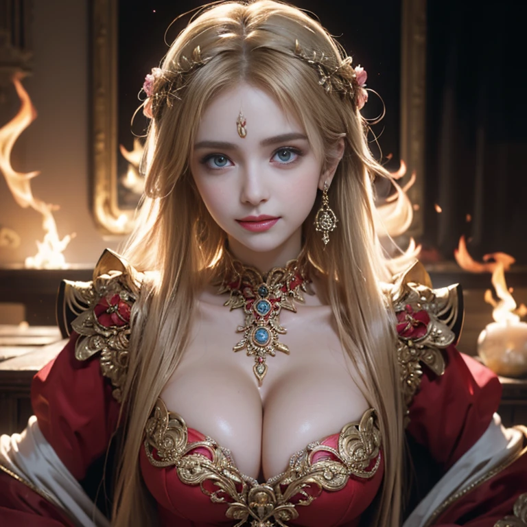 masterpiece,Highest image quality,Super details,best quality ,extremely delicate and beautiful, Very detailed,best quality, official art, Extremely detailed CG unified 8k wallpaper, Ana de Armas portrait photo, Blonde hair with black pupils,shiny skin, (beautiful eyes:1.1), beautiful skin, big watery eyes,(detailed lighting:1.2), (Beautiful and detailed light:1.3),The noble goddess wearing flaming red and black holy clothes,Intricate Flame Shroud Details,Gorgeous and complex hollow ultra-thin flame dress,Beautiful udder, The most perfect breast shape,firm breast,Deep cleavage,Naked of breast,complex, digital drawing, Smooth, sharp focus, end of the world, epic reality, (high dynamic range:1.4), (pastel colors:1.4), Revelation,Bright colors, screen space refraction, (intricate details, Super detailed:1.3), art station, lens, complex background, buliding,Beautiful smile,The most beautiful look,Dreamcatcher earrings,The best look,The noble, beautiful and dignified goddess of fire,Flower laurel,