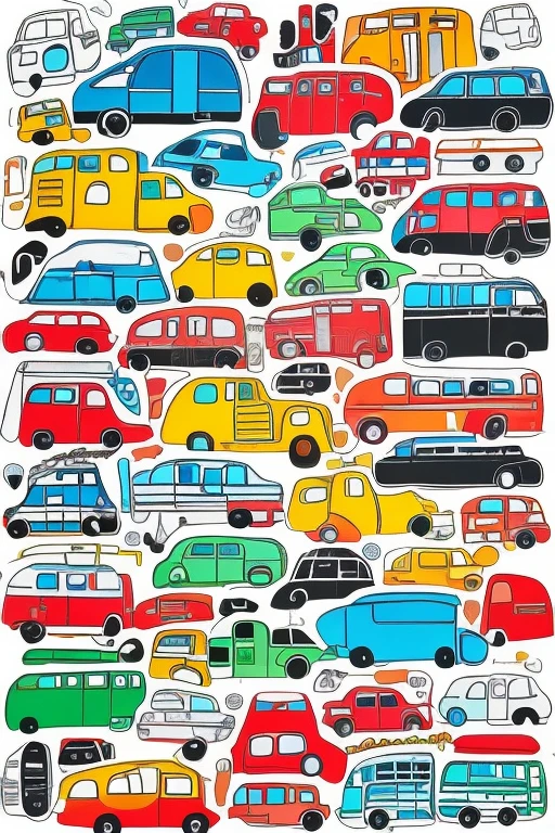 Pop stickers,simple drawing,Sticker drawing for children,1car,1man,1woman,1boy,cross-sectional view of car,campervan,a family in the campervan,simple person