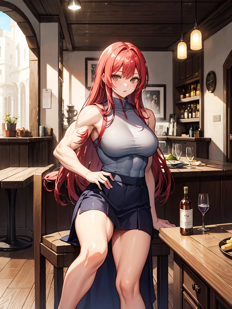 （（（masterpiece、Highest image quality、highest quality、highly detailed unity 8ｋwallpaper）））、（（（Illustration of one girl、beautiful girl）））、（adventurer）、（（（neutral）））、（（red hair、long hair、golden eyes））、（（tall））、（（（muscular and strong body、muscle girl、muscle、stocky build、thickset physique、muscular legs、muscular arms、broad shoulders、solid chest）））、（（（manspreading、sitting in a chair）））、（（（Clothing in the style of the Middle Ages、adventurer風の服、adventurer風の装備）））、（Medieval tavern、Liquor bottle on the table）