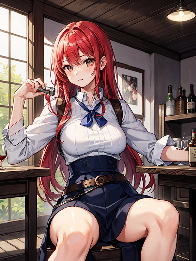 (((masterpiece、Highest image quality、highest quality、highly detailed unity 8kwallpaper)))、(((Illustration of one girl、beautiful girl)))、(adventurer)、(((neutral)))、((red hair、long hair、golden eyes))、((tall))、(((muscular and strong body、muscle girl、muscle、stocky build、thickset physique、muscular legs、muscular arms、broad shoulders、solid chest)))、(((manspreading、sitting in a chair)))、(((Clothing in the style of the Middle Ages、adventurer風の服、adventurer風の装備)))、(Medieval tavern、Liquor bottle on the table)