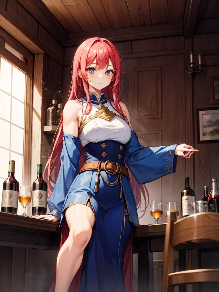 (((masterpiece、Highest image quality、highest quality、highly detailed unity 8kwallpaper)))、(((Illustration of one girl、beautiful girl)))、(adventurer)、(((neutral)))、((red hair、long hair、golden eyes))、((tall))、(((muscular and strong body、muscle girl、muscle、stocky build、thickset physique、muscular legs、muscular arms、broad shoulders、solid chest)))、(((manspreading、sitting in a chair)))、(((Clothing in the style of the Middle Ages、adventurer風の服、adventurer風の装備)))、(Medieval tavern、Liquor bottle on the table)