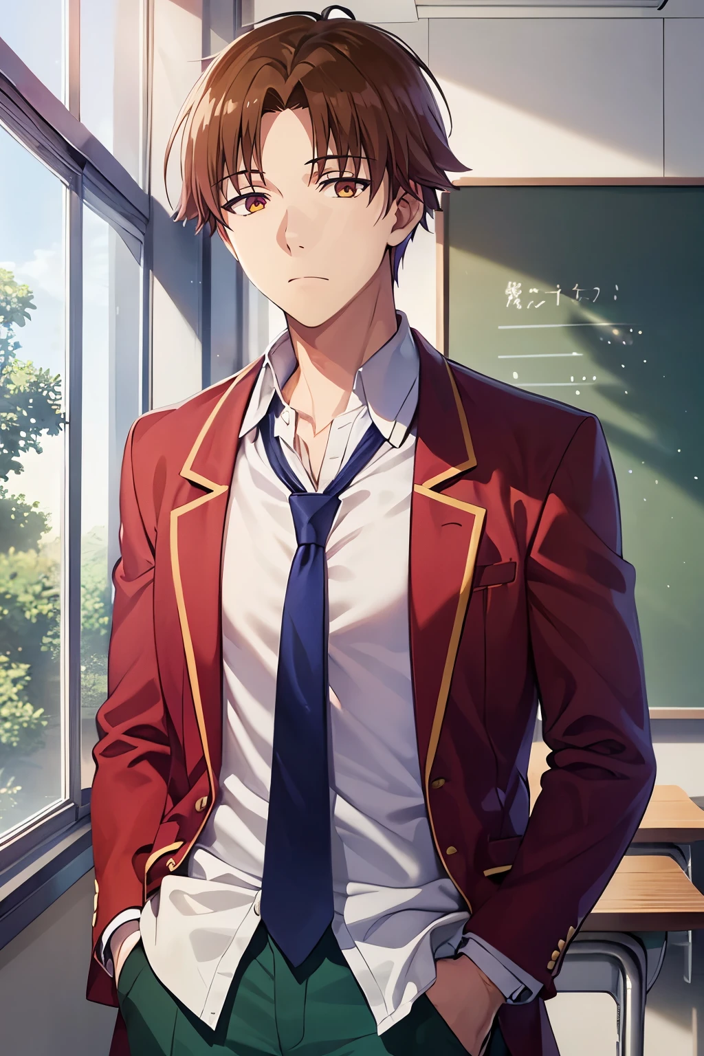 1boy, kiyotaka ayanokoji, brown eyes, white shirt, red blazer, blue necktie, green pants, hand in pocket, photography, hdr, classroom, chalkboard, 