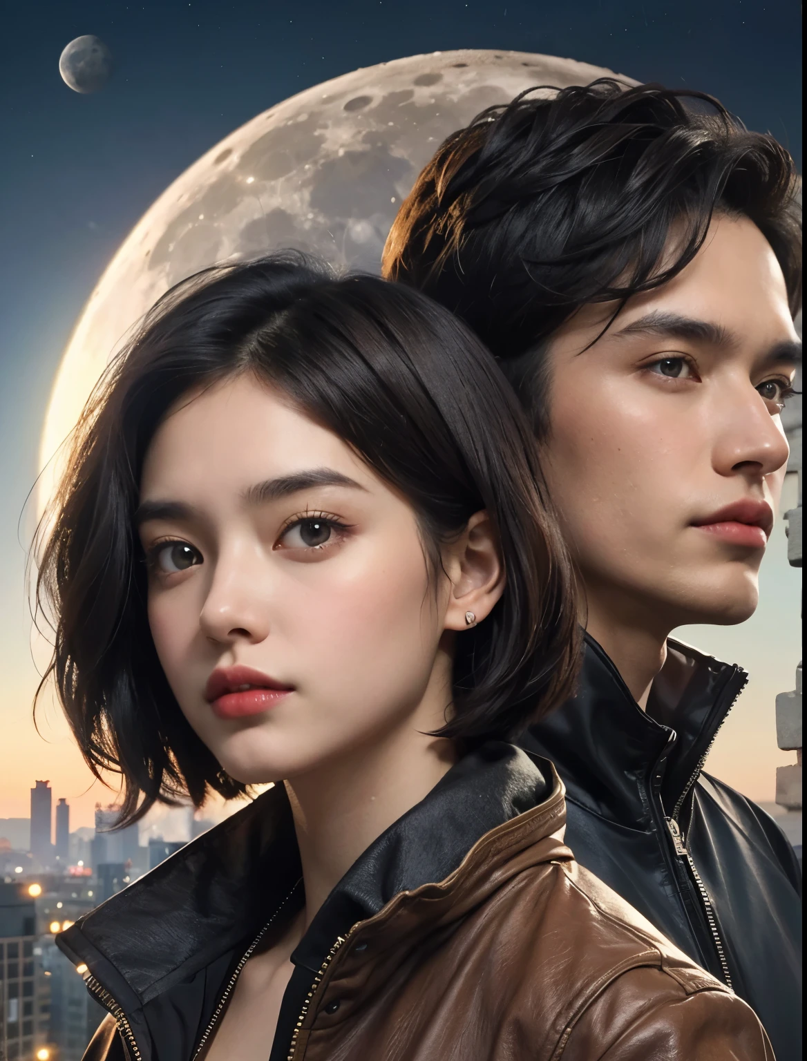 Close-up image of the upper body。One Man and One Woman。Man has short black hair。The woman has long dark brown hair。Both are beautiful and in their mid-20s.。both are wearing jackets。Behind it is a city on the moon。