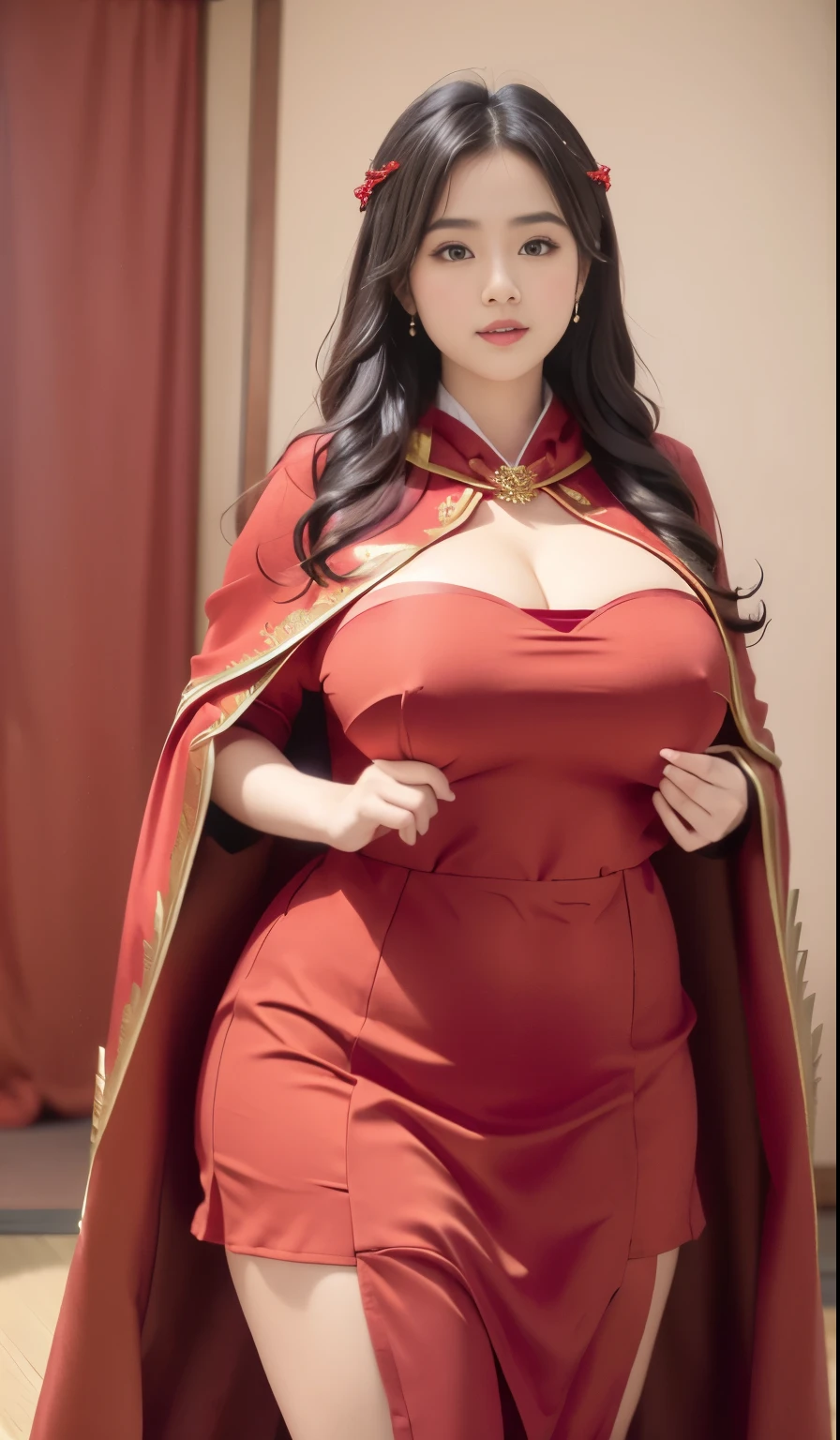 araffe dressed in a red dress and a red cape, dressed in a beautiful red cloak, thicc, bbwchan, mighty plump female sorceress, fully clothed in red robes, giant stunning goddess shot, japanese goddess, bright red cape on her back, oppai, with cape, wearing a red cape, red cape, red cloak, bbwchan. Thigt clothes, 