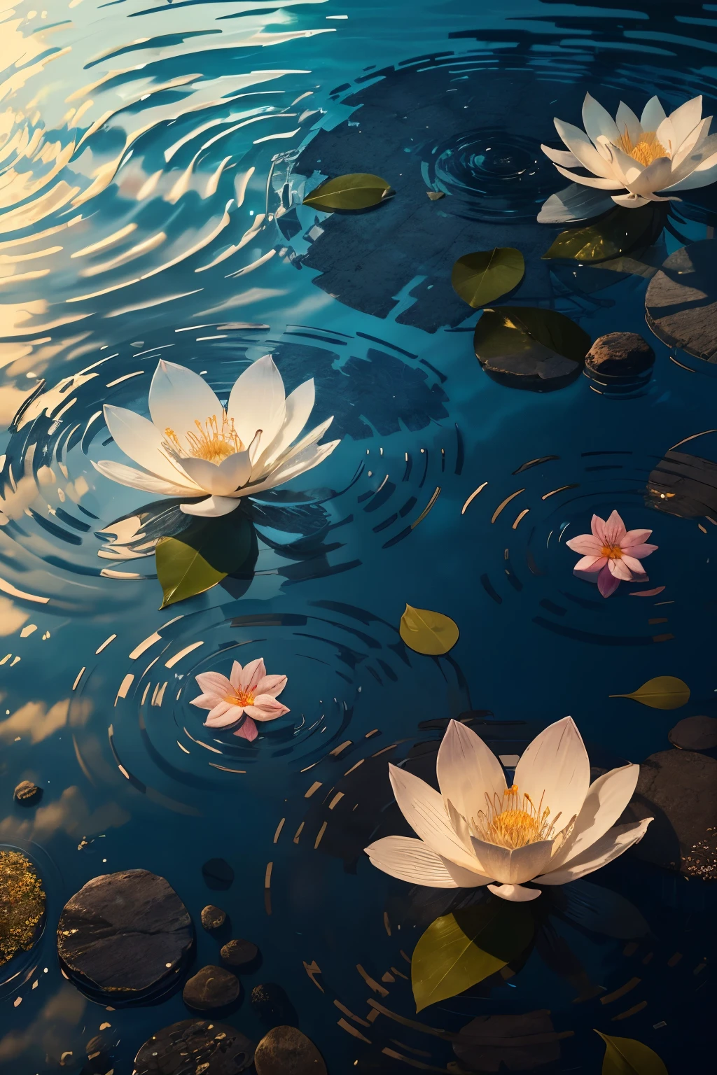 In the stillness of the water, a breathtaking sight unfolds: a group of exquisitely beautiful flowers, each petal delicate and translucent, floats gracefully on the surface. The scene, reminiscent of a tranquil Japanese painting, is framed by the lost edges of the Amino platform, adding an element of mystery and intrigue. The water's gentle ripples reflect not only the natural beauty of the flowers but also their creator's artistic vision - a sublime collaboration between nature and art. The ethereal beauty of the scene is further amplified by the soft, wet reflections on the water's surface. This enchanting image, a work of