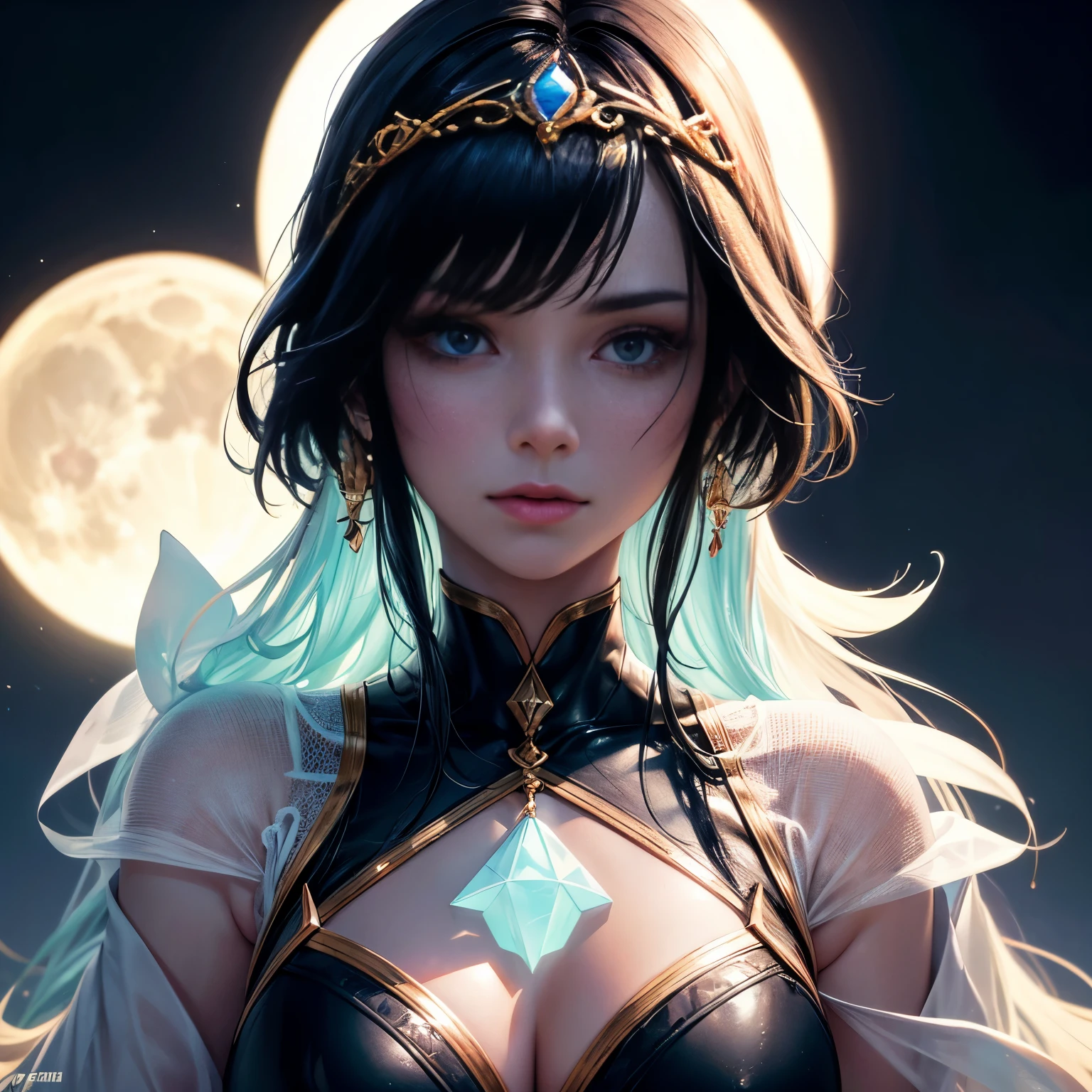 a realistic photography of guardian, teen, beautiful woman with the moon symbol in the background in a (((transparent:: translucent:: fluorescent:: luminescent))) crescent moon symbolic, guardian ornament as her headband, front view body focus, cold color palette, muted colors, detailed, 8k, cinematic, dramatic colors, close-up, smooth skin, cold color palette, muted colors, detailed, cinematic, dramatic colors, close-up, smooth skin, full hd, ultra detailed, high quality, hd, highly detailed, high resolution, hyperrealistic, high-definition, 8k, super realism, 4k, ray tracing, unreal engine 5, photorealistic, high contrast, 8k HD, detailed, hyper-detailed, realistic texture, best quality, ultra high res, raw photo