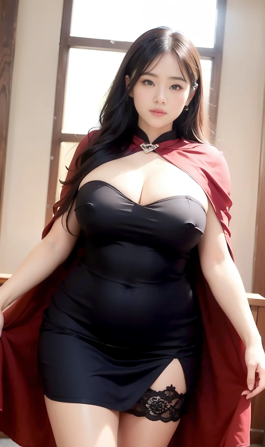 a woman in a black dress and cape posing for a picture, with cape, mighty plump female sorceress, chan, thicc, japanese goddess, she has a jiggly fat round belly, dressed in a beautiful red cloak, seductive and powerful, giant stunning goddess shot, well-endowed, bright red cape on her back