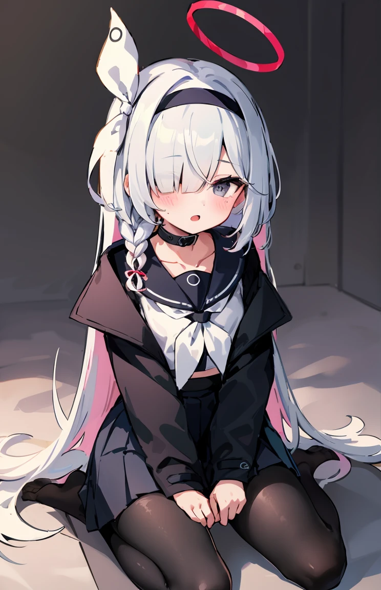 ((masterpiece,best quality)),
1 girl,alone,arona \(bluearchive\),hair covering one eye,Headband, halo, black collar, collar, , braid, long hair, Sefuku, white hair, sailor collar, pleated skirt,Bangs, ribbon, long sleeves, scarf, clavicle,black Headband, white scarf,black skirt, hair ribbon, jacket, single braid, bow,
pantyhose, black pantyhose,no shoes,open lips, blush,
