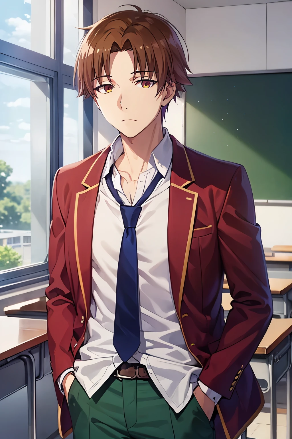 1boy, kiyotaka ayanokoji, brown eyes, white shirt, red blazer, blue necktie, green pants, hand in pocket, photography, hdr, classroom, chalkboard, 