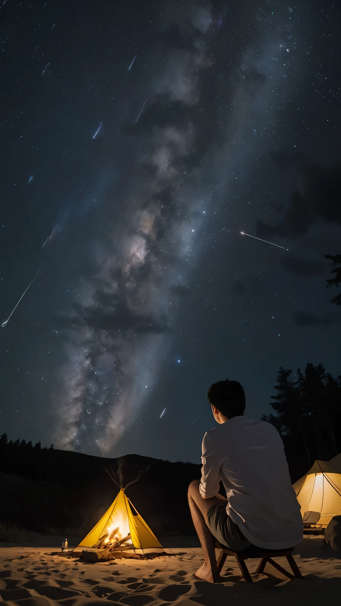 Best Quality, High quality,masterpiece, A guy watching the stars on the beach，1 person observing ( Orionids meteor showers), Orionids meteor showers, alone, The foreground is a campfire、tent, looking at the Orionids meteor showers, from behind, from below, outdoor