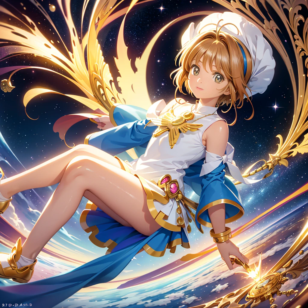 realistic, (masterpiece, excellent quality, highest quality, official art, beautiful and aesthetic: 1.2),(flight:1.4) very detailed, fractal art, colorful, more detailed, (abstract background: 1.5) (1 girl: 1.3), light brown hair, bright eyes, Hilarious, Hairstyle back, short hair, , milky way, Giant magic golden Sagittarius astrolabe, dream, fantasy, Golden trim, beautiful and detailed sky, Style and decoration, Female-only room, (Sakura Cardcaptor)
