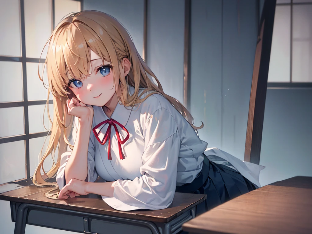 photo realistic, (masterpiece,best quality:1.4),(8k,raw photo,photo realistic:1.2),Not Safe for Work, detailed skin,detailed face,1girl,Japanese princess, cute face, super resolution,retro realistic details Illustration,,{{{elaborate, intricately,fantastic,delicately,tremendous,meticulous,minute,incredibly,obsessed,artisan's,subtle,virtuoso,skillful,vibrant, vivid, complex}}}, clearly focus edge, fresh natural gradation, best quality, amazing quality, very aesthetic, absurdres, ((face focus)), one girl sitting in her room gaze out the window on rainy day, blurred upper half of a girl's body mirrored in the windowpane, nostalgic
(((japanese clothes))), (a teenage girl:1.3),(medium breasts:1.25),light smile,(tilted head:2.0),(both elbows on the school desk:1.6),(put chin on own both hands:1.6),(wearing white school shirt:1.1),(looking at viewer:1.5),(closeup to viewer:1.5), medium bob,  (blonde hair), ((wavy hair)), shimmering eyes, Blue eyes, long hair, , beautiful hands, neck ribbon, , twinkle in the eye, braided bangs, 
((bedroom)), ((pastelcolour)), imagination, 