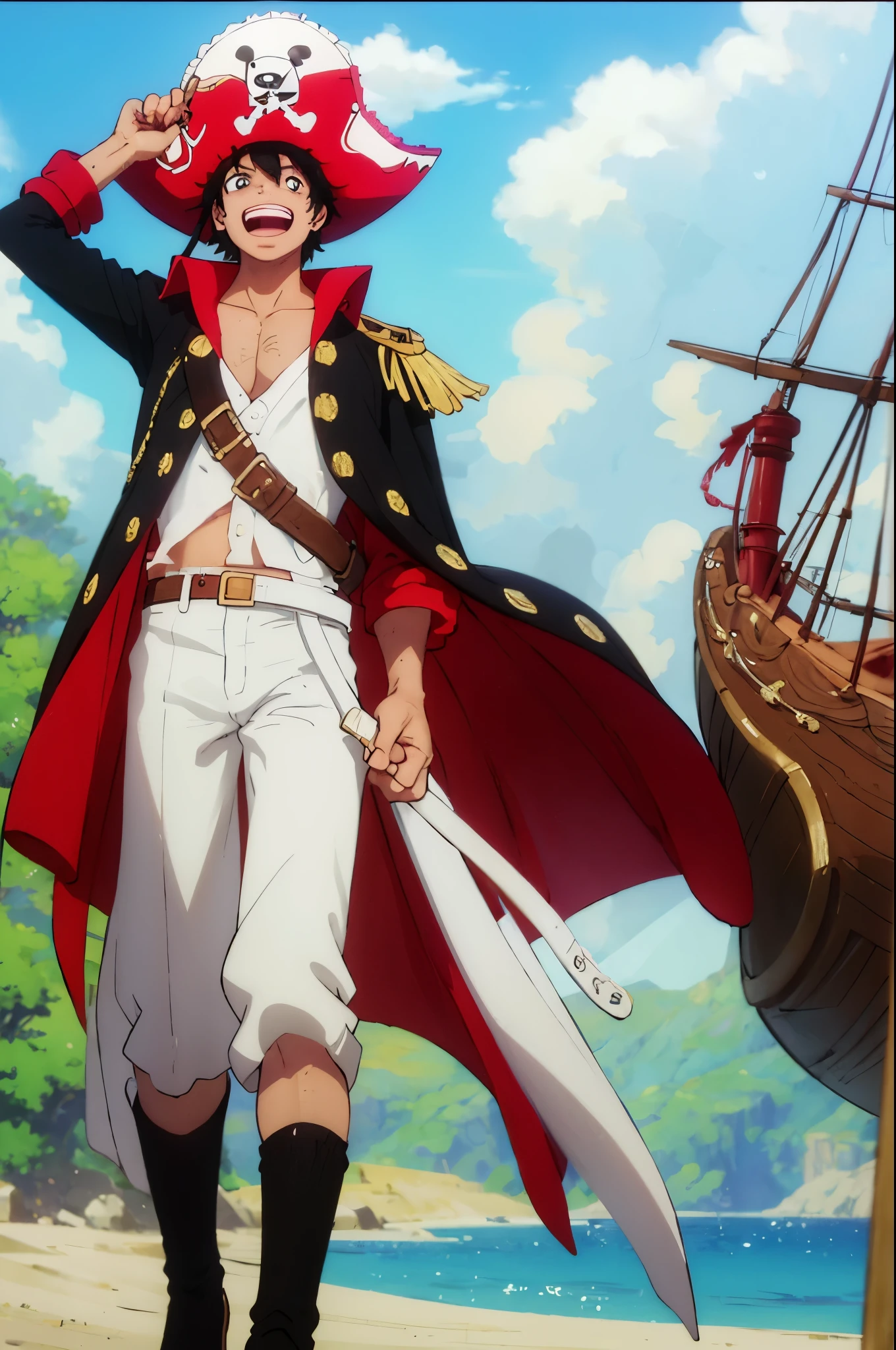 (masterpiece:1.3), (Best quality:1.3), 8K, solo, (man:1.6), black hair, short hair, white pirate hat, white pirate cape, Sword in his right hand, standing on the deck of a ship, open mouth, teeth, 16 years, Happy facial expression