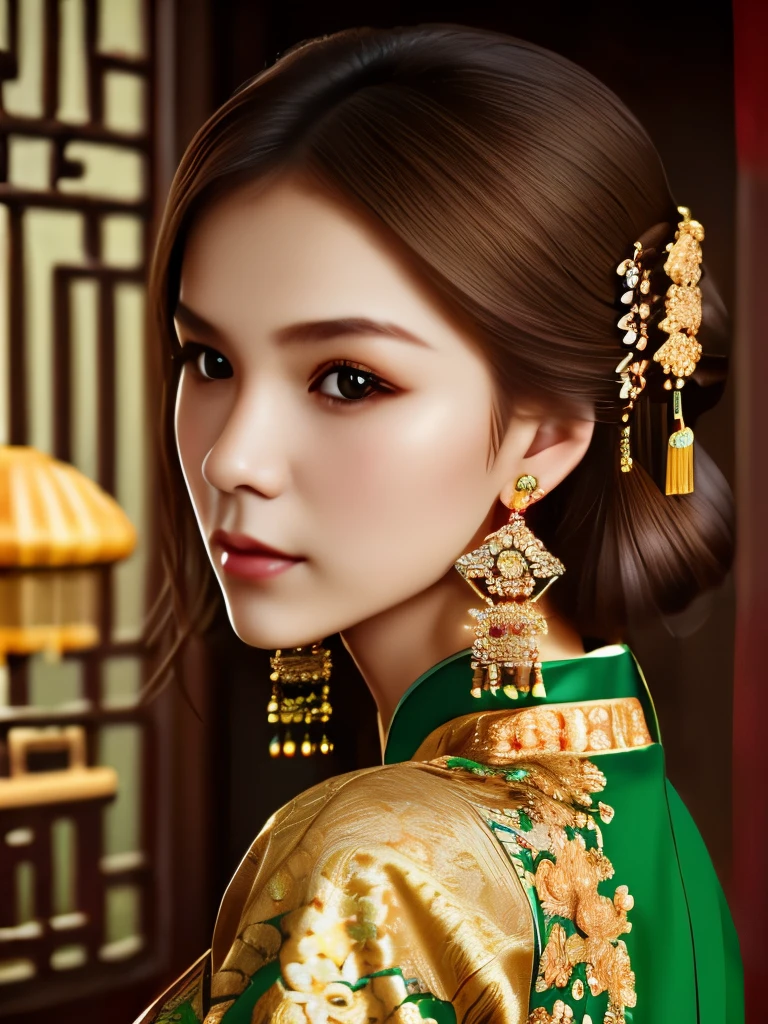 1girl, green dress, brown hair, solo, hair ornament, earrings, jewelry, chinese clothes, (masterpiece, best quality),photorealistic