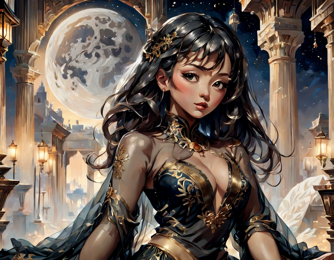 oil painting, masterpiece, best quality, ultra detailed wallpaper, 1 beautiful oriental princess, lying on a lounge wearing a black transparent tunic, very attractive features, bronze skin, beautiful woman, posing, a big oriental frontlet on her neck, tulle curtains wave in the breeze, ancient Egyptian city in the background, night, a big moon and stars in the sky (best quality,4k,8k,highres,masterpiece:1.2),ultra-detailed, portrait, digital painting by WLOP and ruan jia and huang guangjian , expressive pose, studio lighting,vibrant colors,dramatic lighting, Meticulous details, intricate details