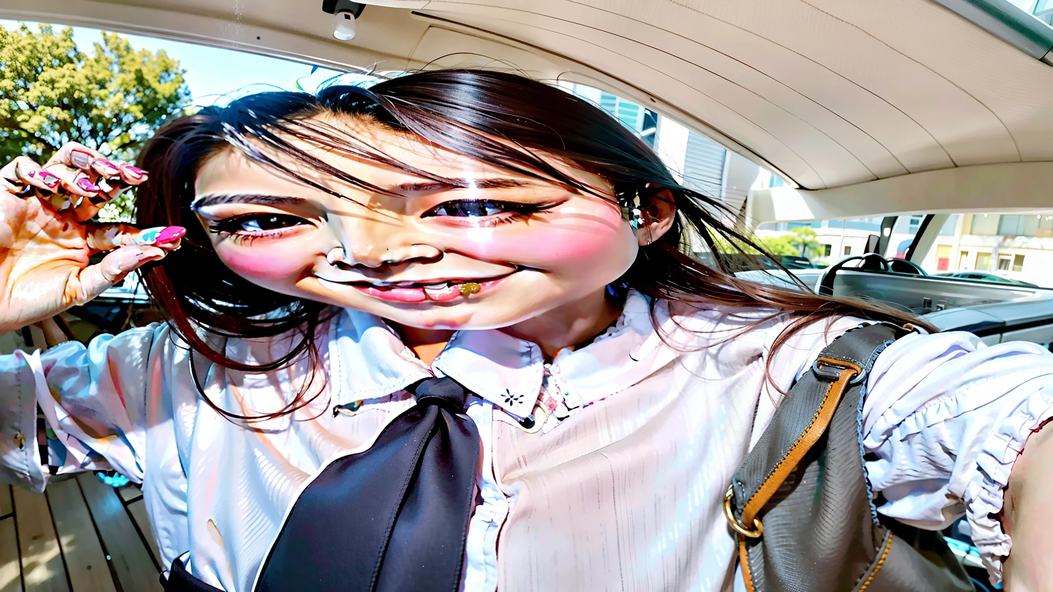 There was a woman wearing a tie, shirt, and bag., cute vtuber house, Thai anime girl, dang my linh, With a kind face., 8ก)), A cute smile, Thawan Duchanee, Niwan Chandra, 8ก selfie photograph, little cute smile, smile proudly, Very low quality images