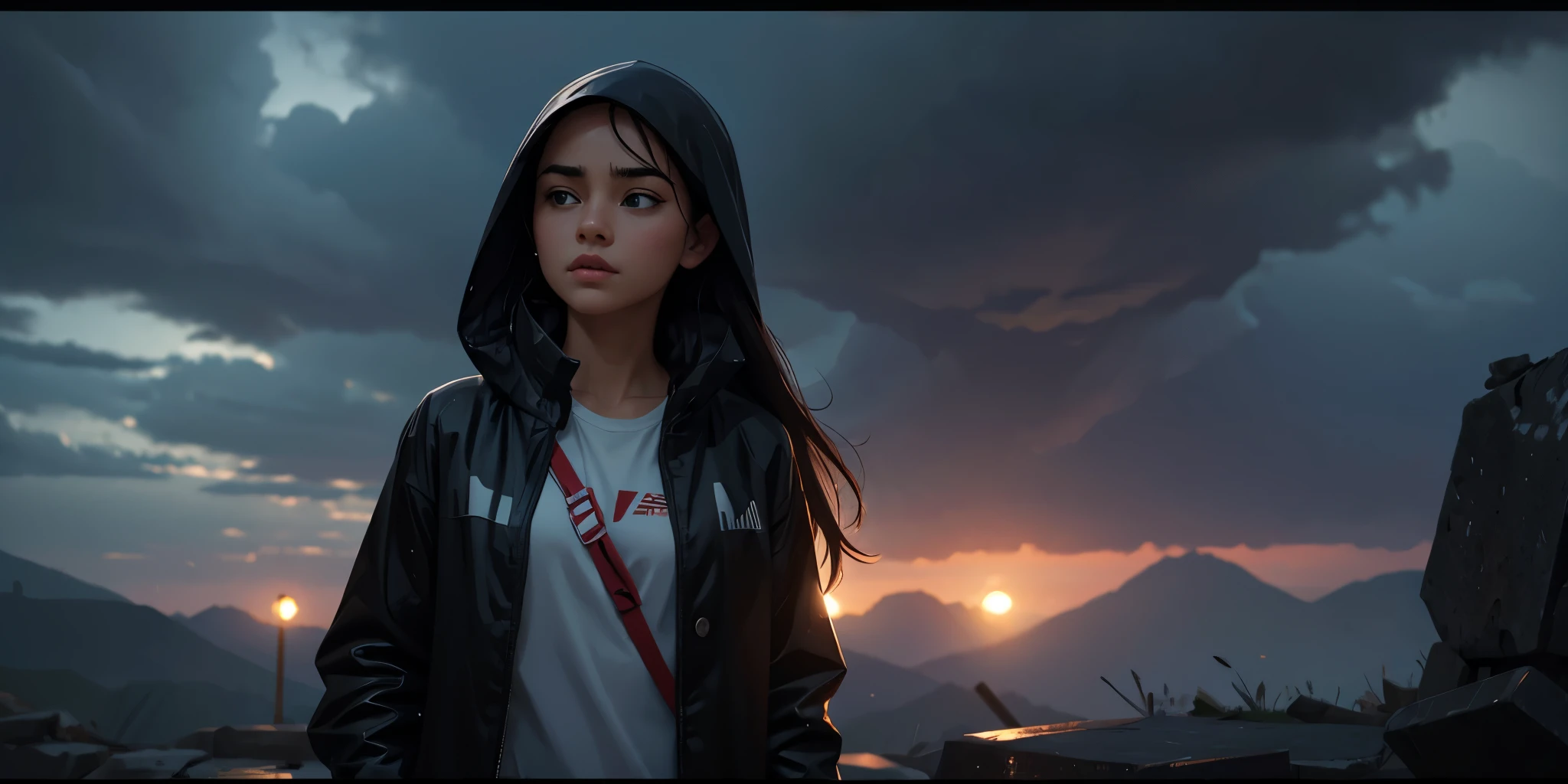 a beautiful woman, long hair, wet clothes, covering her head with a jacket, in the rain, black clouds, sky, raindrops, sad atmosphere, glowing light, letterboxed, framed, rounded corners, symmetry, from below, Wide-Angle, 4K, highres, best quality, award winning, high details, anatomically correct, masterpiece