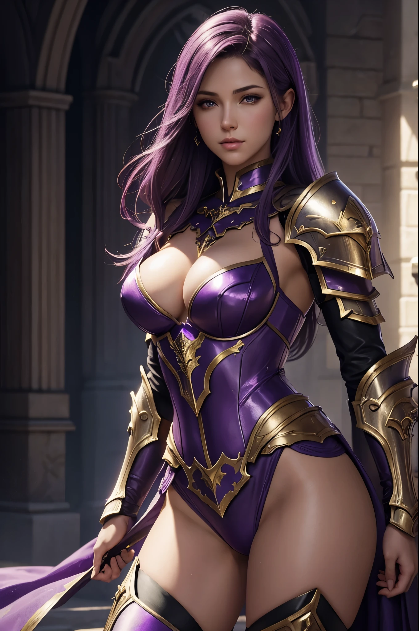 8K,Close up portrait of woman in purple lingerie, gorgeous female paladin, fantasy paladin female, 2. 5d cgi anime fantasy artwork, Epic fantasy digital art style, Highly detailed ArtGerm, purple armor, portrait of female paladin, Alexandra Fomina Artstation, epic fantasy art style hd, Female magician, epic fantasy art style,With background,sexy costume,character art,