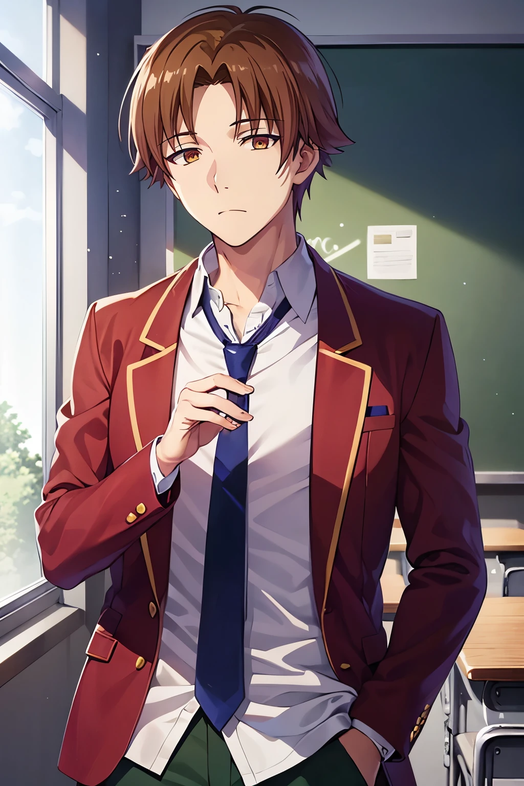 1boy, kiyotaka ayanokoji, brown eyes, white shirt, red blazer, blue necktie, green pants, hand in pocket, photography, hdr, classroom, chalkboard, 