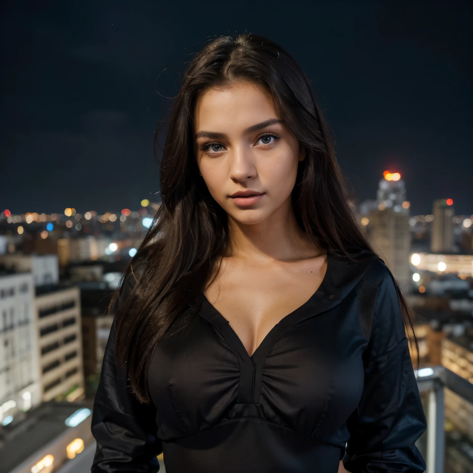 (brazilian,20 years old,Alessandra Lopez), blue eyes,dark long brown hair, full lips, cloths on, seductive,portrait,realistic,highres,(vivid colors:1.1),(ultra-detailed:1.2),(studio lighting:1.1),(sharp focus:1.1), sexy, Rooftop in a sleek outfit, city lights in the background, looking sophisticated and confident.