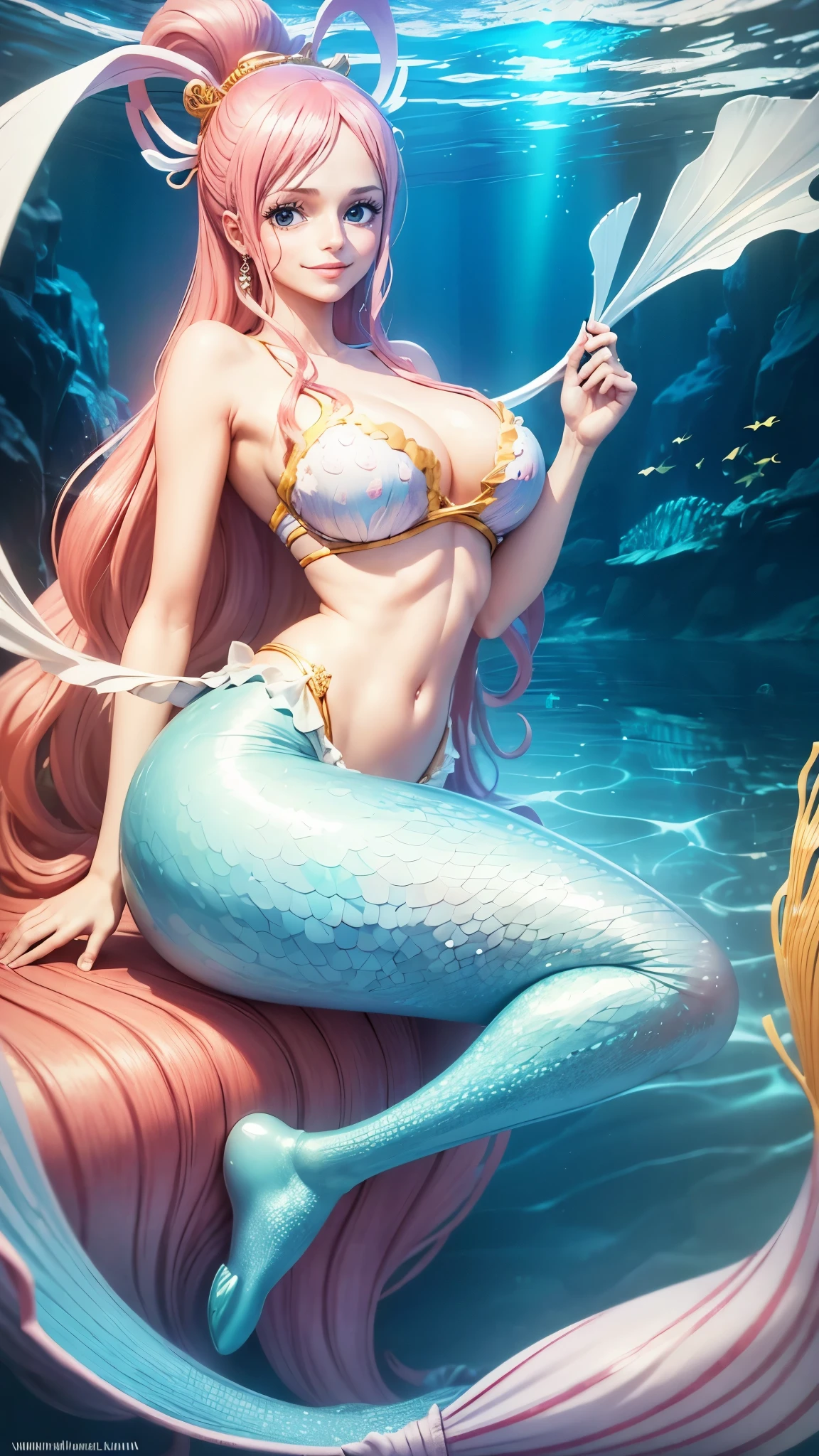 ((top-quality, 8K, masterpiece:1.3)), A detailed eye, (looking at from the front), Look at the camera, ((Everything is sparkling、reflecting light:1.2)), (Best Ratio: 4 fingers, 1 thumb), (portrait), (((Shirahoshi from One Piece))), mermaid, pink lights hair, long hair, smile, blushing, beautiful face, , head tilt, looking at viewer, under the sea, sea, mermaid legs,  smile,  